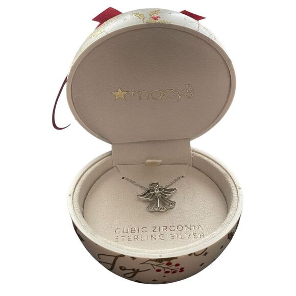 Macy's Sterling Silver Angel Pendant Cubic Zirconia Accents Necklace 18" New - Picture 3 of 6